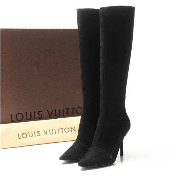 Louis Vuitton Heeled Pointed-Toe Tall Knee High Boot in Black Suede 37.5 / 7.5 - Picture 1 of 9